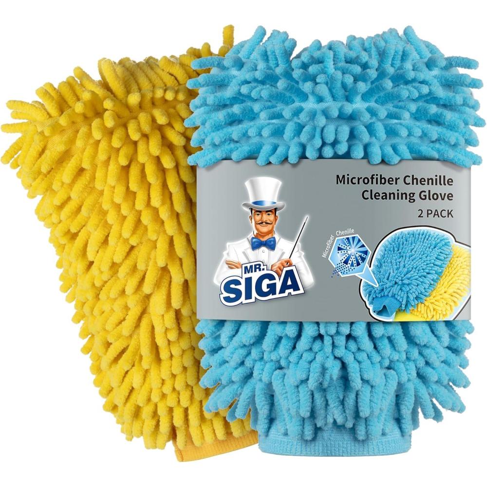 imageMRSIGA Premium Microfiber Soft Chenille Car Wash Mitt Pack of 2 Gray ampamp GreenBlue Yellow