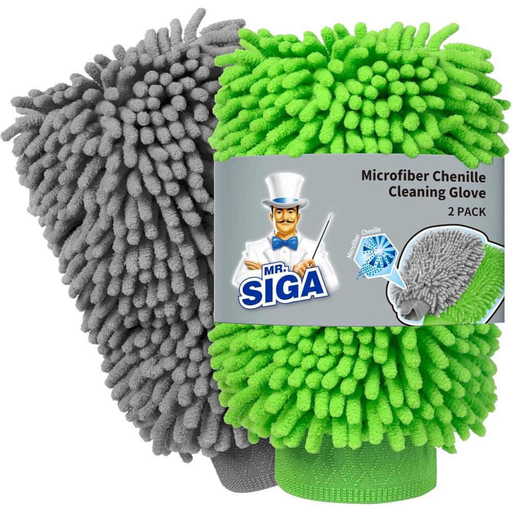 imageMRSIGA Premium Microfiber Soft Chenille Car Wash Mitt Pack of 2 Gray ampamp GreenGray Green