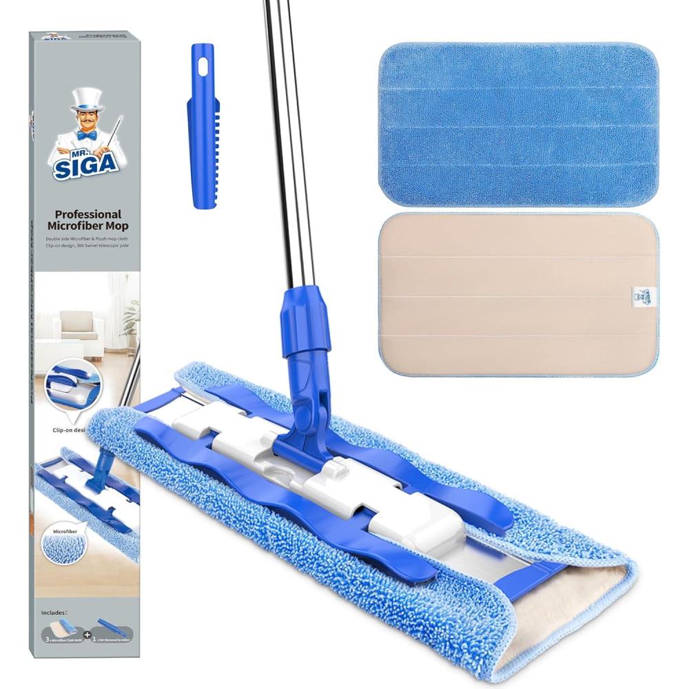 imageMRSIGA Professional Microfiber Mop for Hardwood Laminate Tile Floor Cleaning Stainless Steel Telescopic Handle 3 Reusable Flat Mop Refills and 1 Dirt Removal Scrubber IncludedBlue