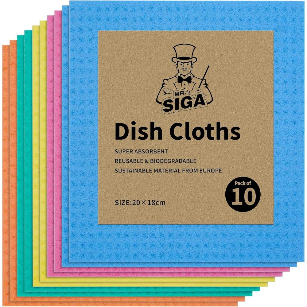 imageMRSIGA Reusable Dish Cloths Cellulose Sponge Cloth for Kitchen Absorbent Cleaning Cloth 10 Pack Multi Colors