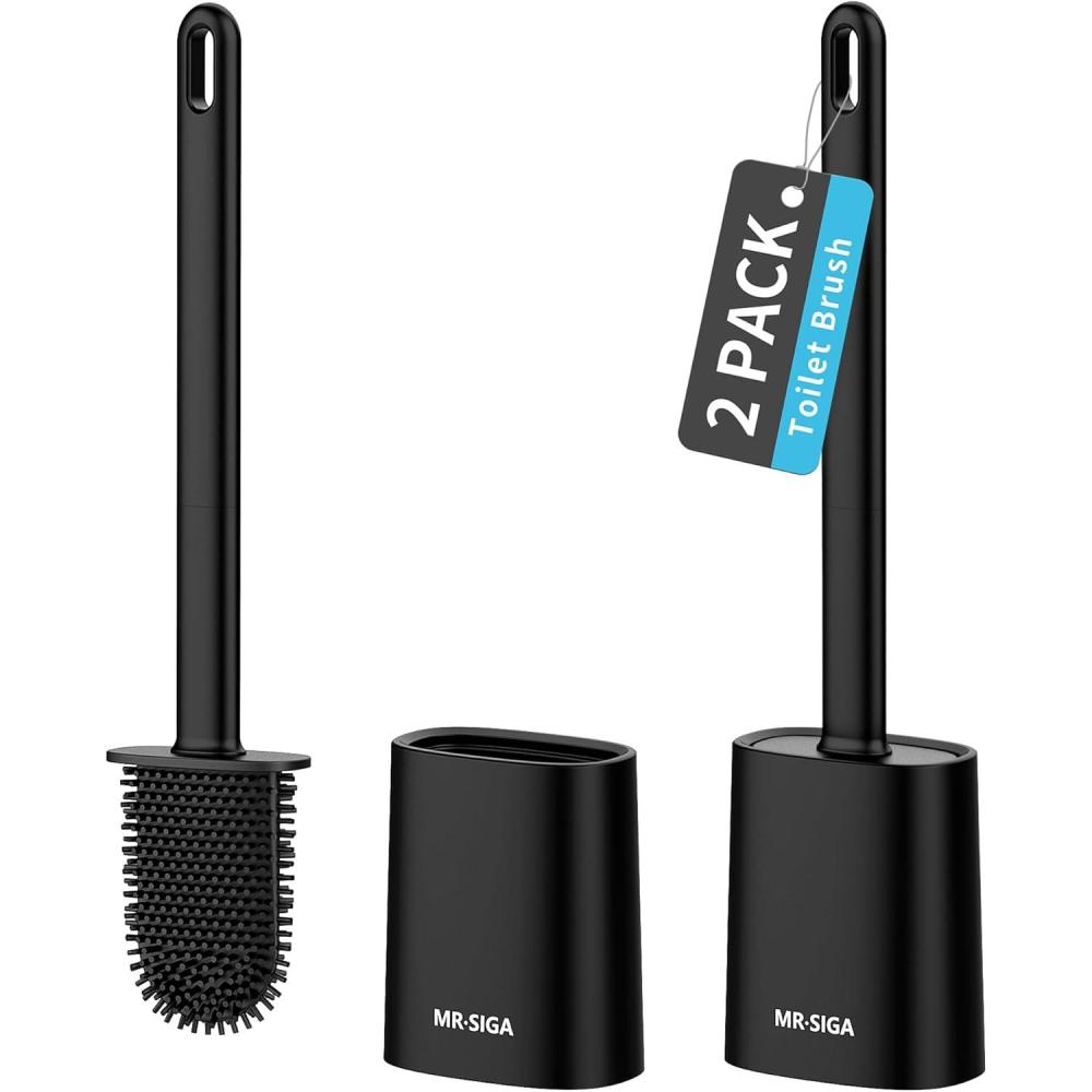 imageMRSIGA Toilet Brush and Holder Set Wall Mounted Toilet Bowl Brush Compact Toilet Scrub Brush with Holder for Bathroom White 2 PackBlack