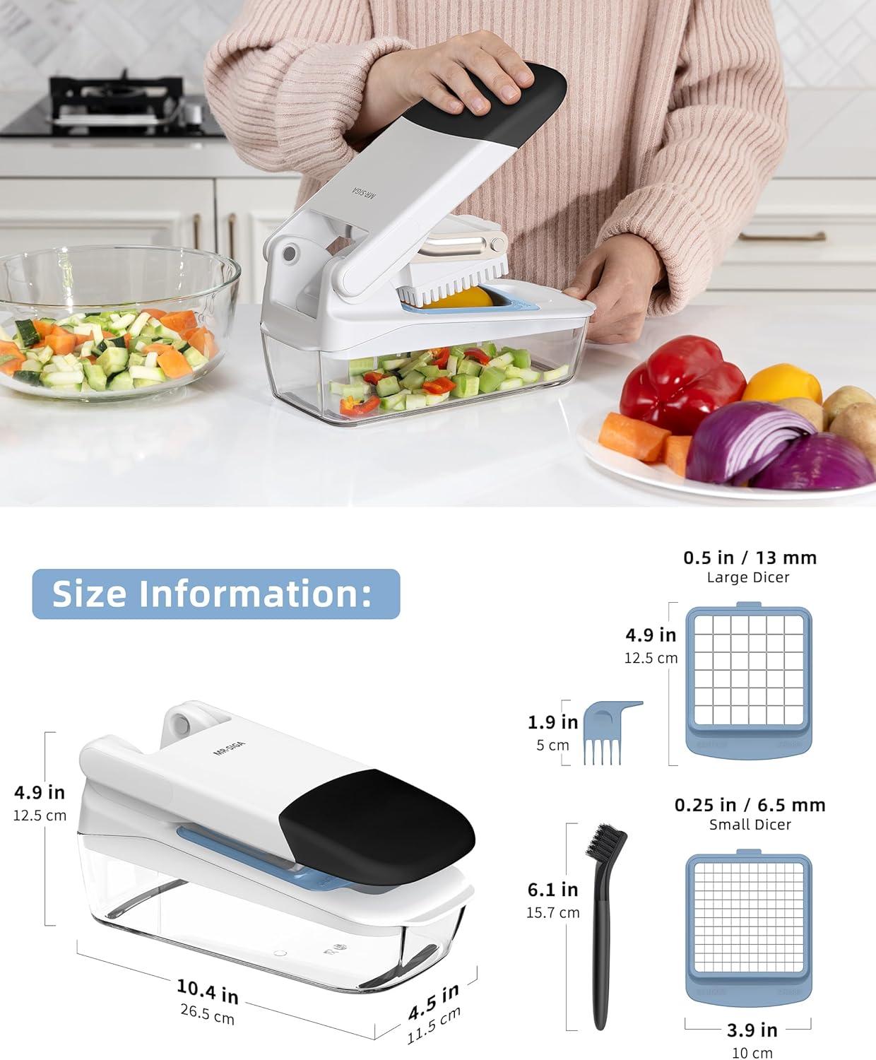 image:imageMRSIGA Vegetable Chopper with Container 2 in 1 Manual Hand Food Chopper with 2 Stainless Steel Chopping Blades for Potato Strips Onion Cubers Carrot Sticks White amp Black