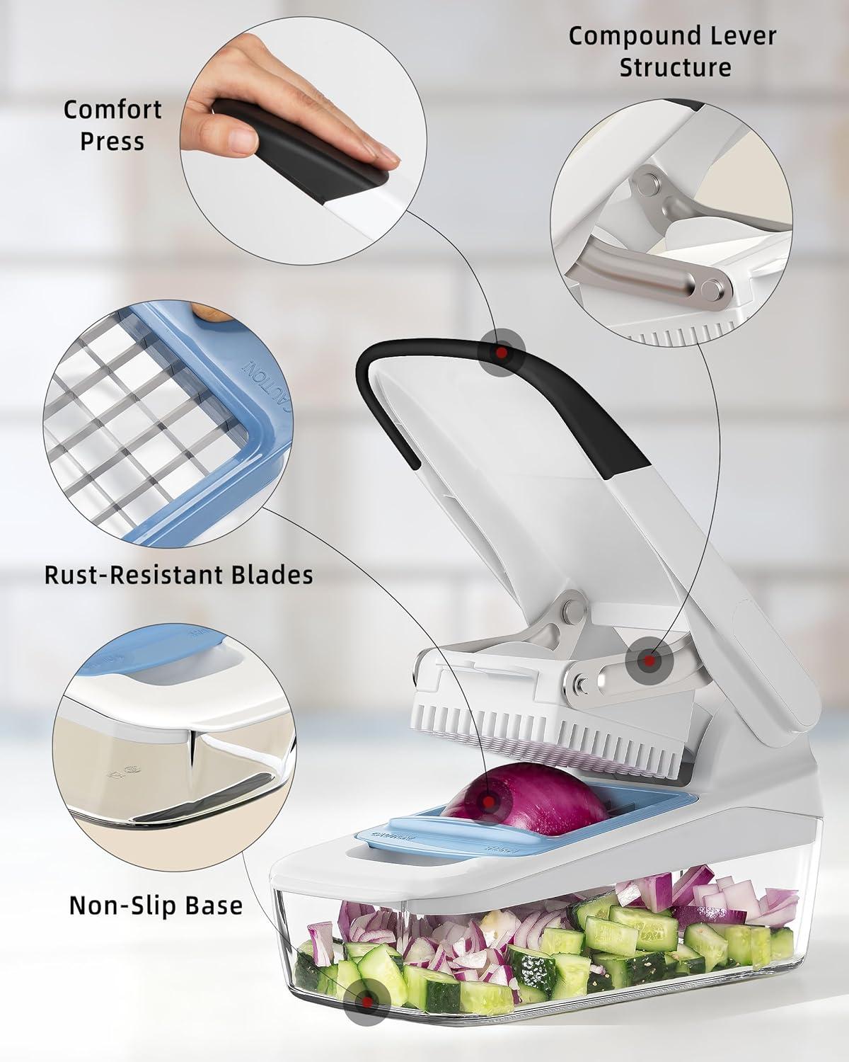 image:imageMRSIGA Vegetable Chopper with Container 2 in 1 Manual Hand Food Chopper with 2 Stainless Steel Chopping Blades for Potato Strips Onion Cubers Carrot Sticks White amp Black