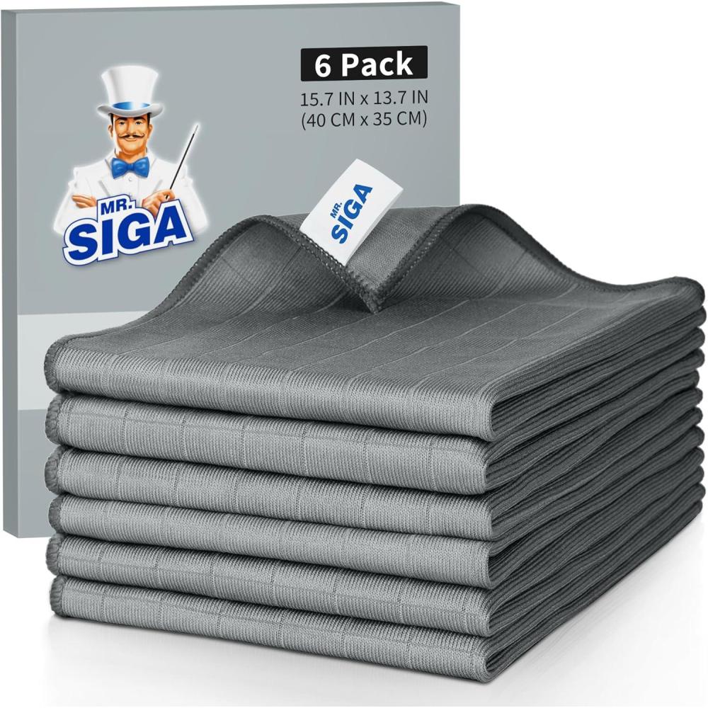 image:imageMRSIGA Ultra Fine Microfiber Glass Cleaning Cloths Lint Free Streak Free Cleaning Rags for Glass Mirror Window Pack of 6 Gray Size 34 x 39 cm 133 x 153