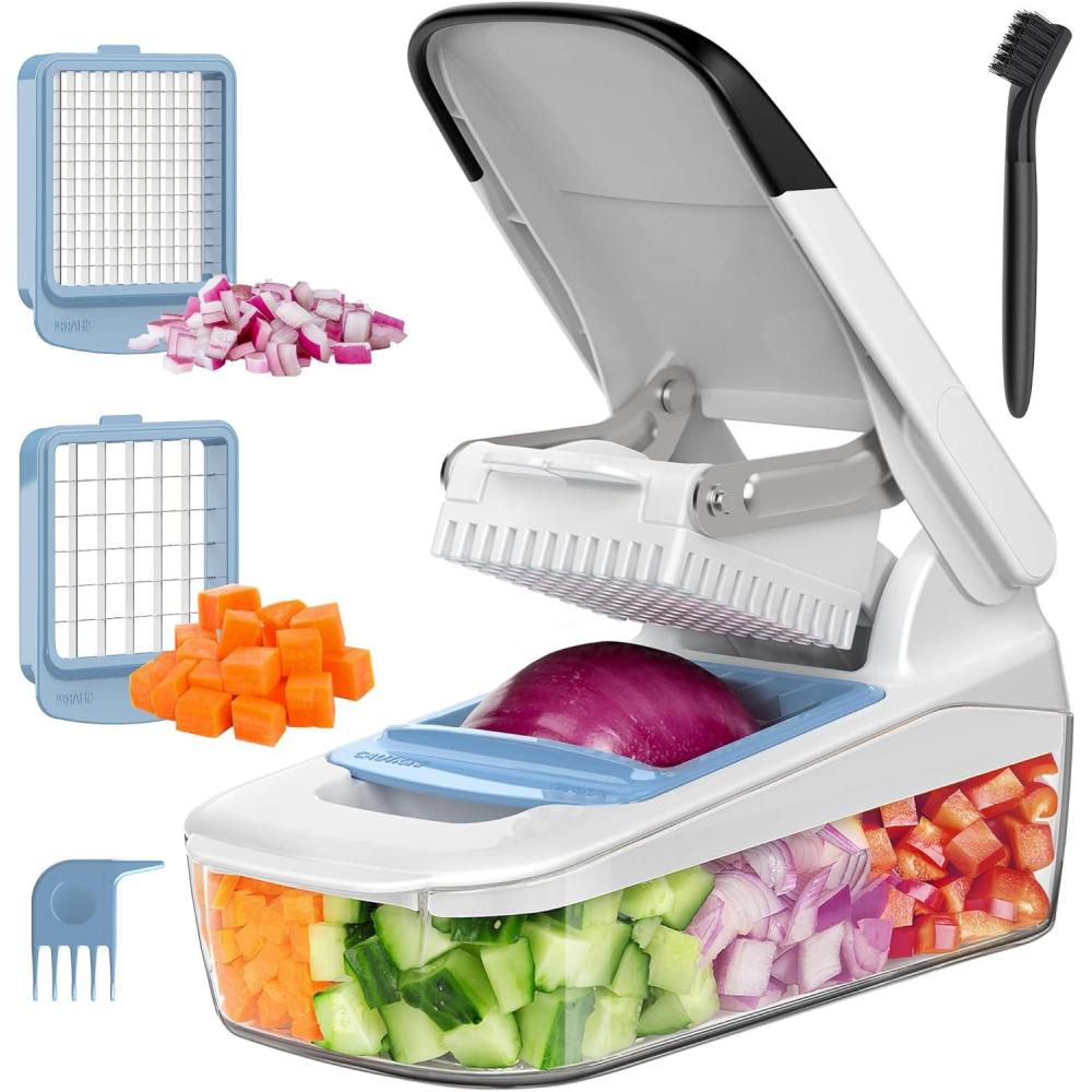 image:imageMRSIGA Vegetable Chopper with Container 2 in 1 Manual Hand Food Chopper with 2 Stainless Steel Chopping Blades for Potato Strips Onion Cubers Carrot Sticks White amp Black