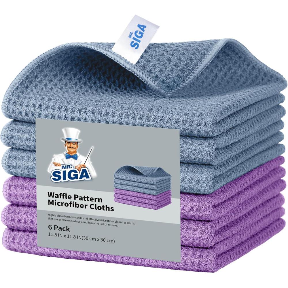 image:imageMRSIGA Waffle Pattern Cleaning Cloths Reusable Absorbent Microfiber Cleaning Cloths Lint Free Microfiber Kitchen Towels 6 Pack Grayish Blue 118 x 118 inch