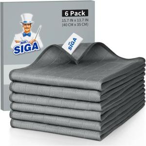 MR.SIGA Ultra Fine Microfiber Glass Cleaning Cloths, Lint Free, Streak Free Cleaning Rags, for Glass, Mirror, Window, Pack of 6, Gray, Size 34 x 39 cm (13.3″ x 15.3″)