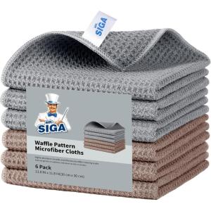 MR.SIGA Waffle Pattern Cleaning Cloths, Reusable Absorbent Microfiber Cleaning Cloths, Lint Free Microfiber Kitchen Towels, 6 Pack, Gray, 11.8 x 11.8 inch